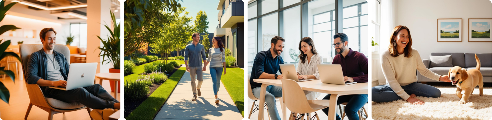 Hombre trabajando en coworking; pareja caminando entre jardines; equipo en una sala moderna; mujer jugando con un perro.