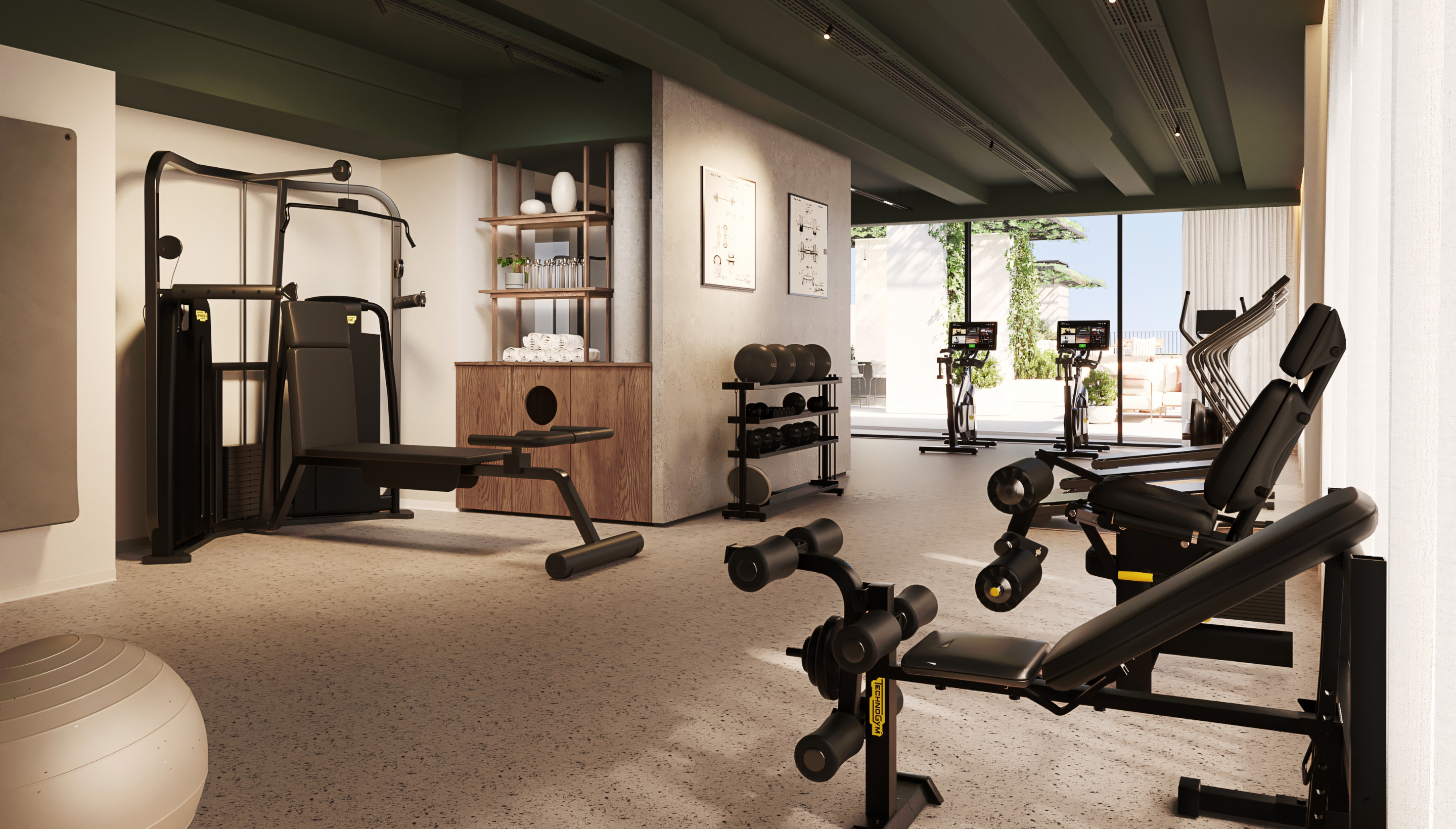 Sala de gimnasio moderna en Calido Living, equipada con máquinas de ejercicio, pesas y accesorios para entrenamientos personalizados.