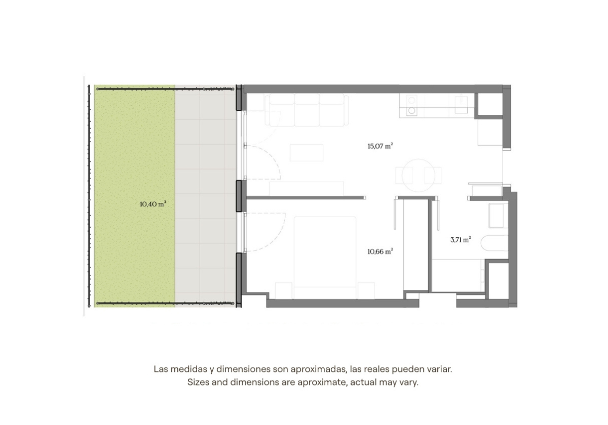 Plano de apartamento de un dormitorio con terraza en Calido Valdebebas, alojamiento para la Fórmula 1 de Madrid 2026, 40 m² aproximados