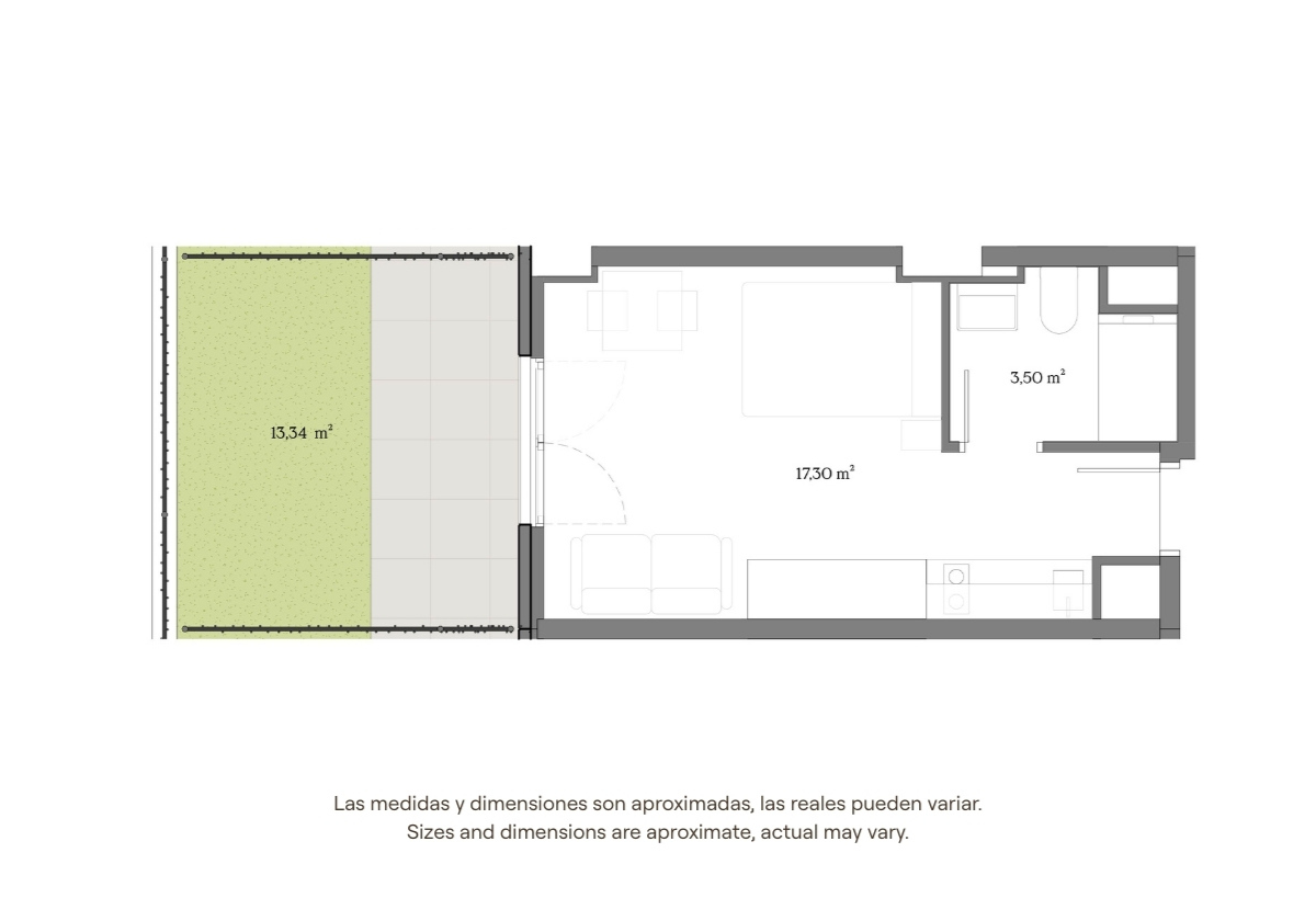 Plano de estudio con terraza en Calido Valdebebas, estancia corta GP de España 2026, 34 m² aproximados