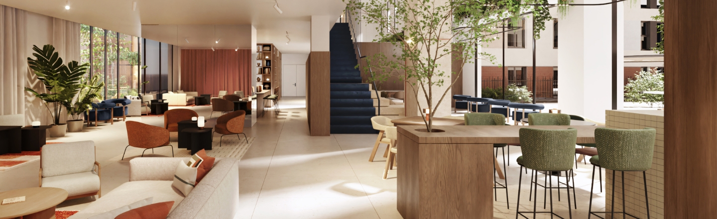 Amplio y luminoso espacio común en Calido Living, con una decoración moderna, diseñado para fomentar la socialización.